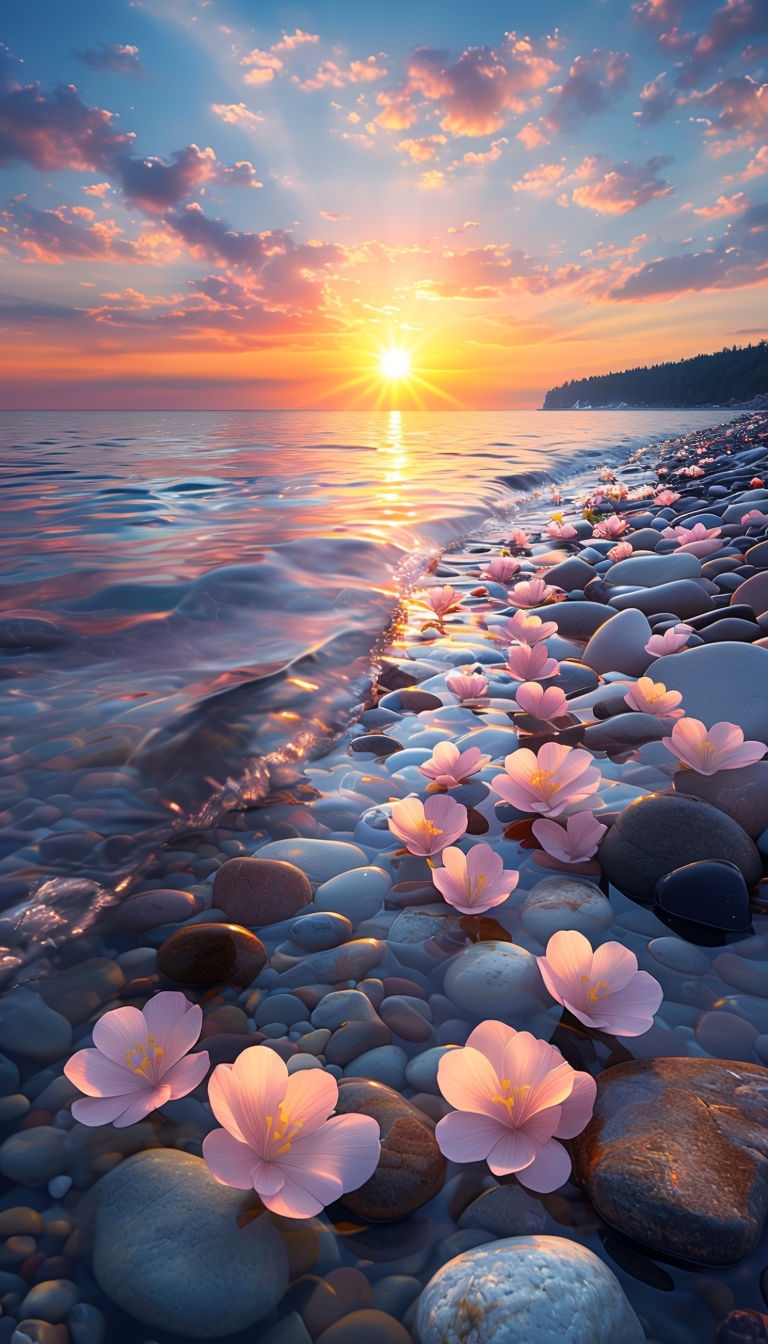 Tranquil Sunset Shoreline with Pink Flowers Photo Phone Case Cover