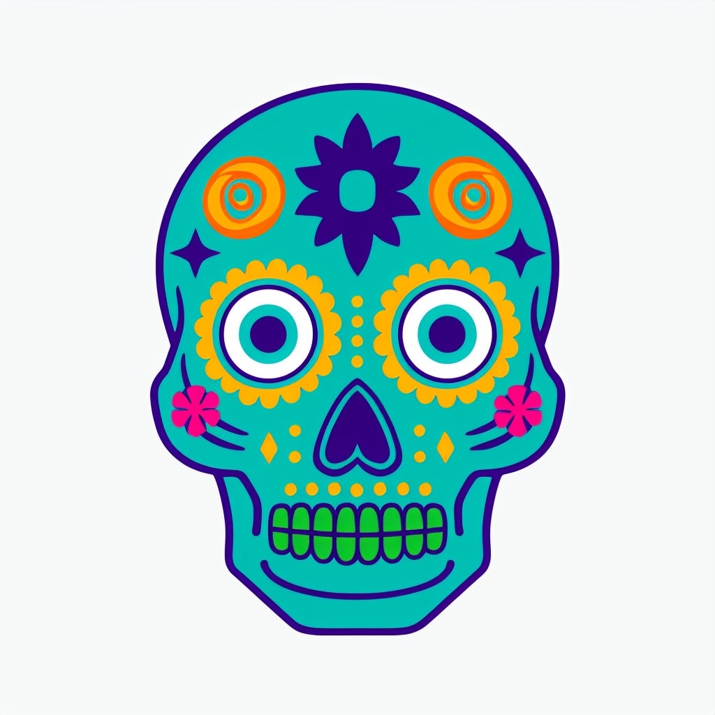 Vibrant Teal Sugar Skull Illustration for Día de Muertos Sticker