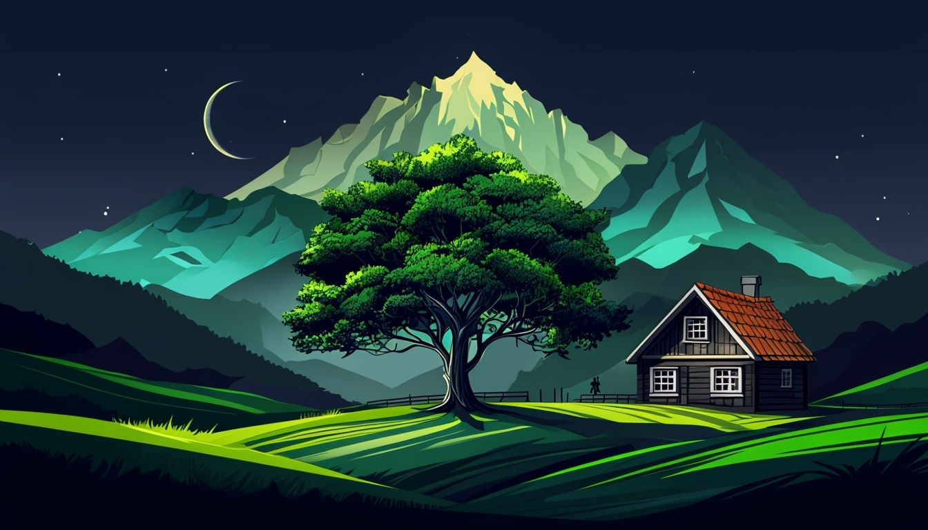 Serene Nighttime Landscape with Tree and Cabin Virtual Background