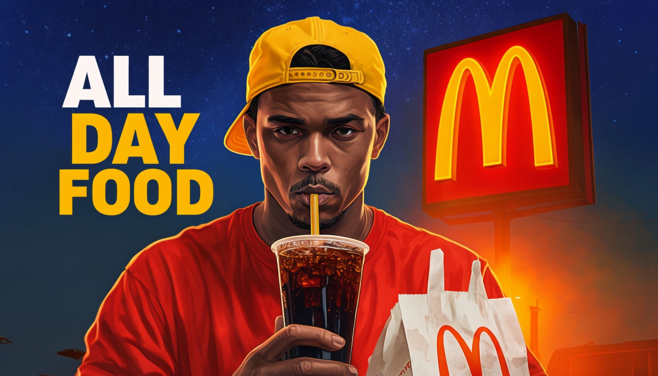 Vibrant Digital Illustration of Man with McDonald's Food and 'All Day Food' Text Poster