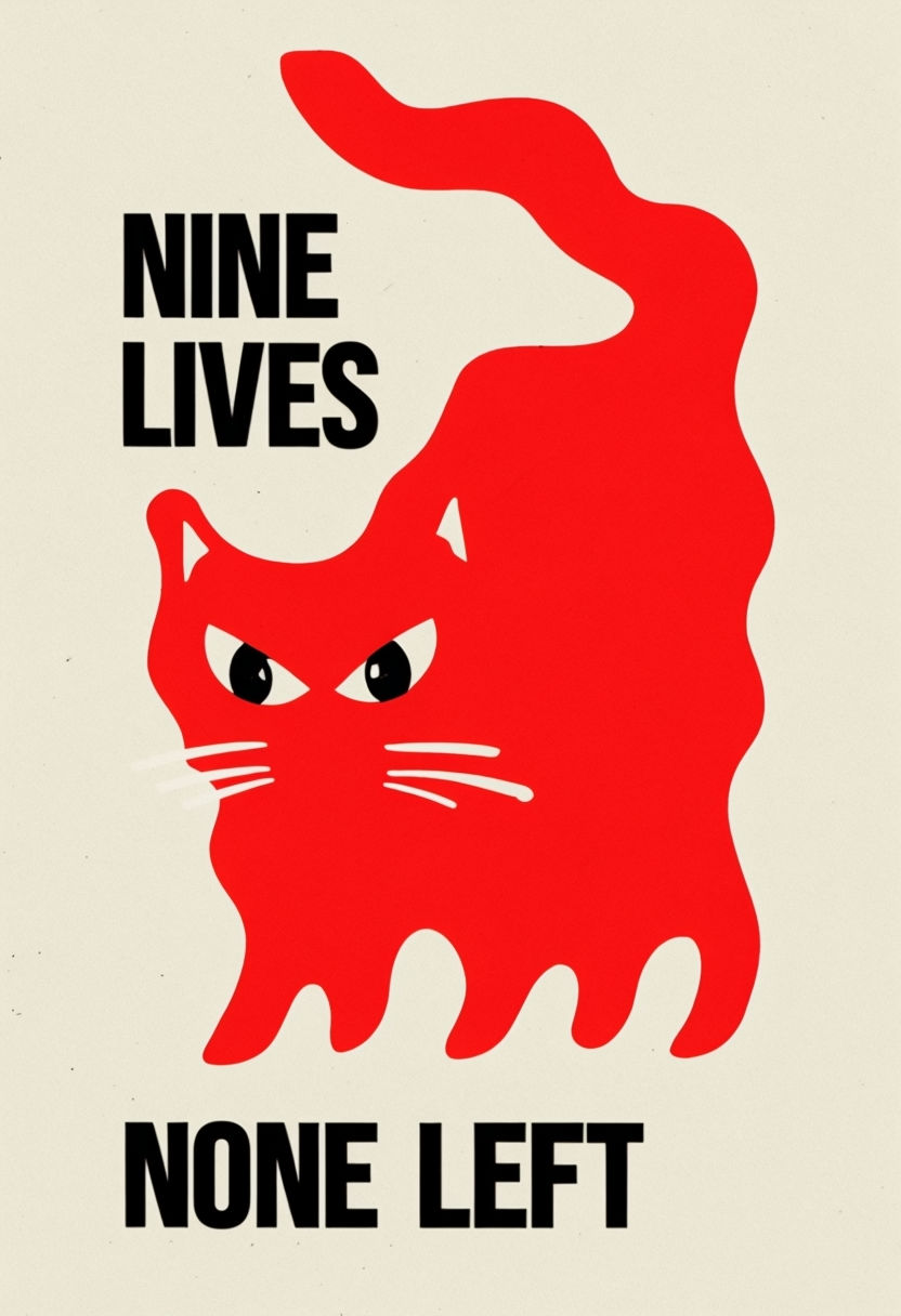 Bold Abstract Red Cat Illustration with 'Nine Lives, None Left' Text Poster