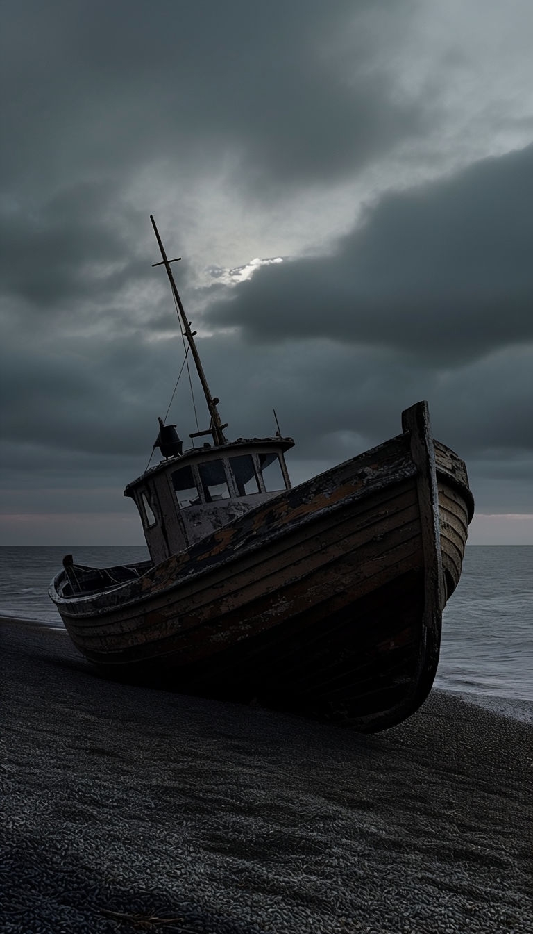Lonely Old Fishing Boat on Dark Shingle Beach at Night Mobile Wallpaper