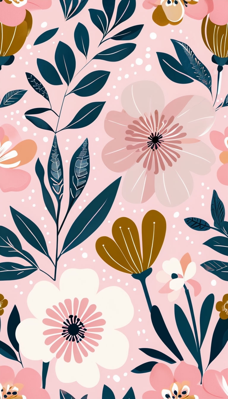 Whimsical Floral Pattern with Colorful Blooms on Pink Background Mobile Wallpaper