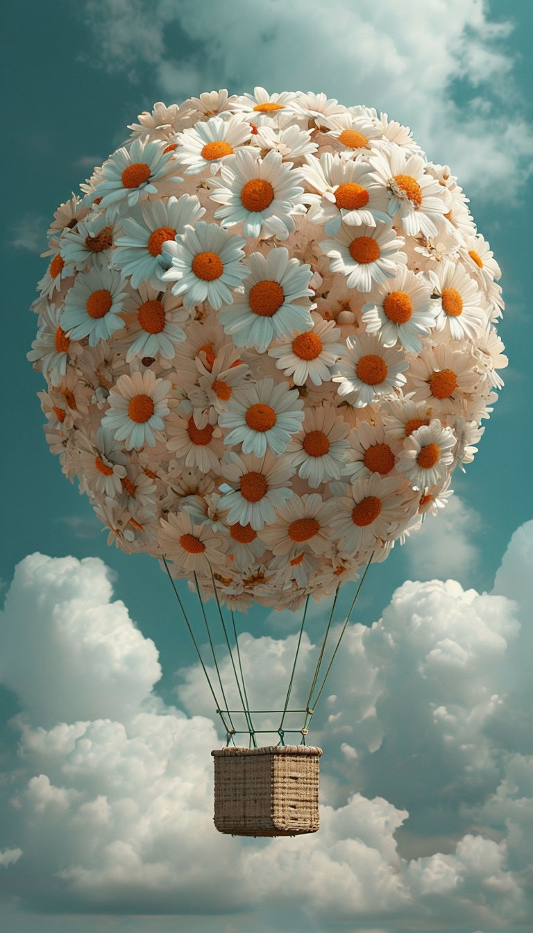 Surreal Hot Air Balloon of Daisies in Teal Sky Mobile Wallpaper