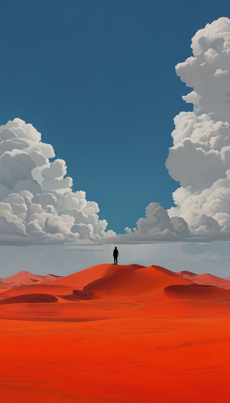 Serene Desert Landscape with Silhouette under Blue Sky Art