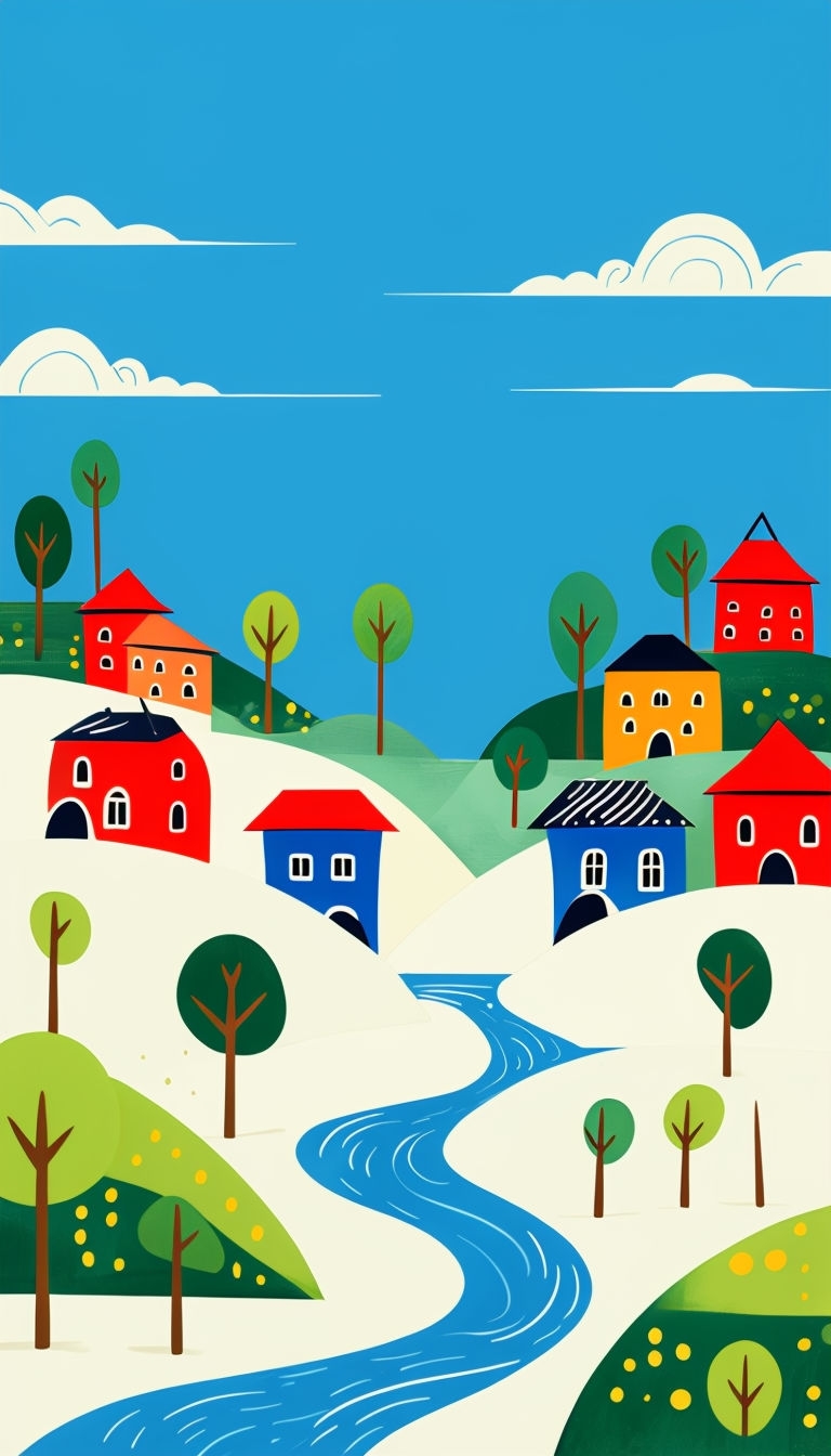 Whimsical Medieval Village Folk Art Illustration Mobile Wallpaper