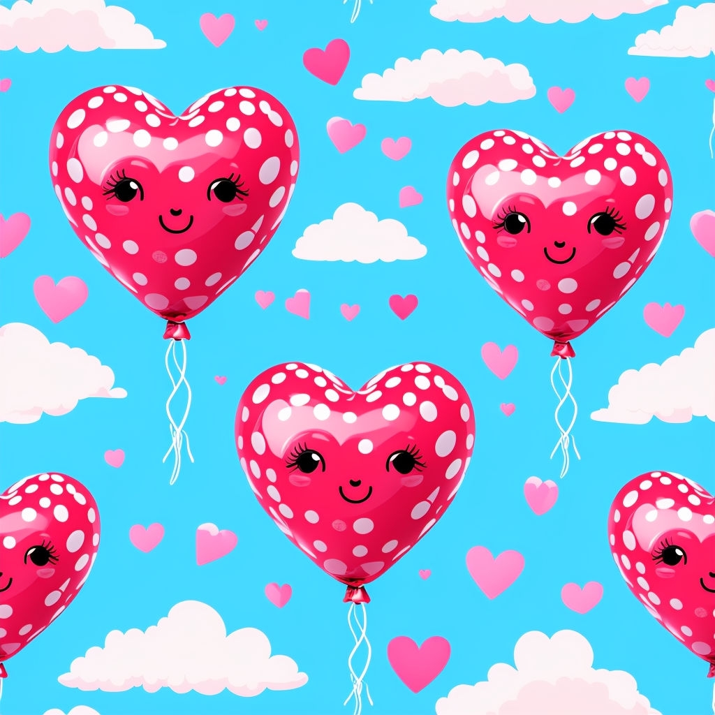 Whimsical Heart Balloon Pattern with Clouds and Pink Hearts Seamless Pattern