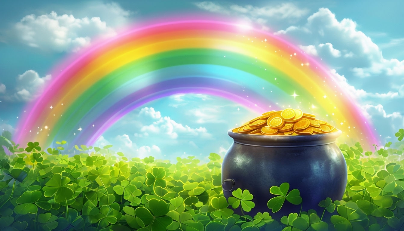 Whimsical Rainbow and Golden Coins Pot Virtual Background