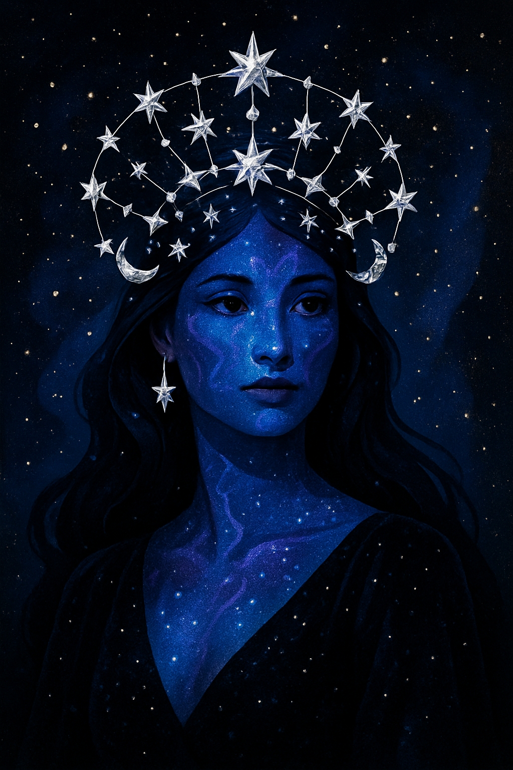 Celestial Woman in Sapphire Blue with Starry Patterns Art