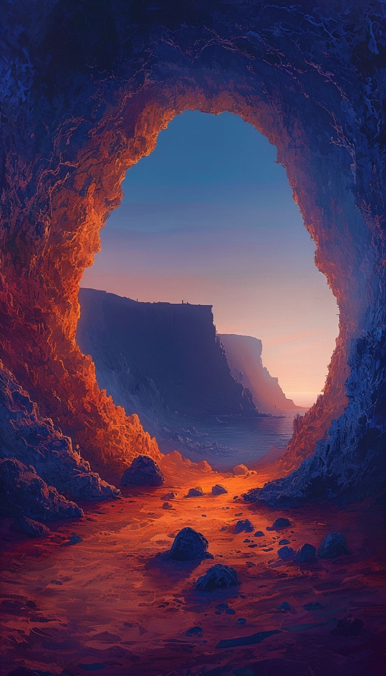 Surreal Cave Opening Landscape with Dramatic Sky Mobile Wallpaper