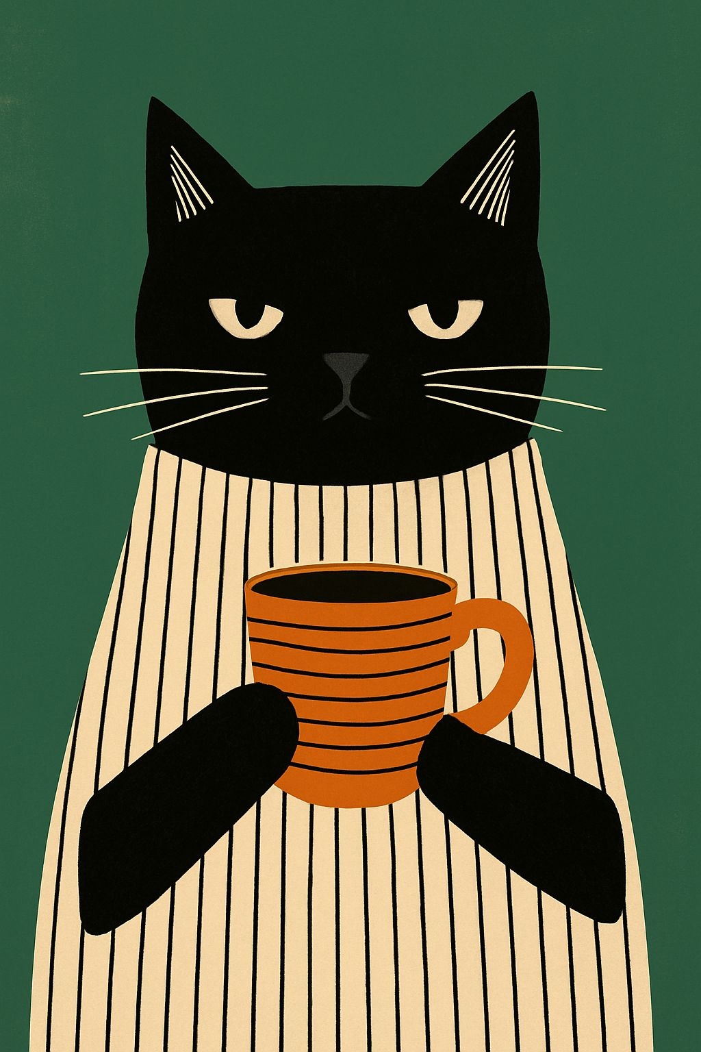 Elegant Black Cat in Cream Sweater with Coffee T-Shirt