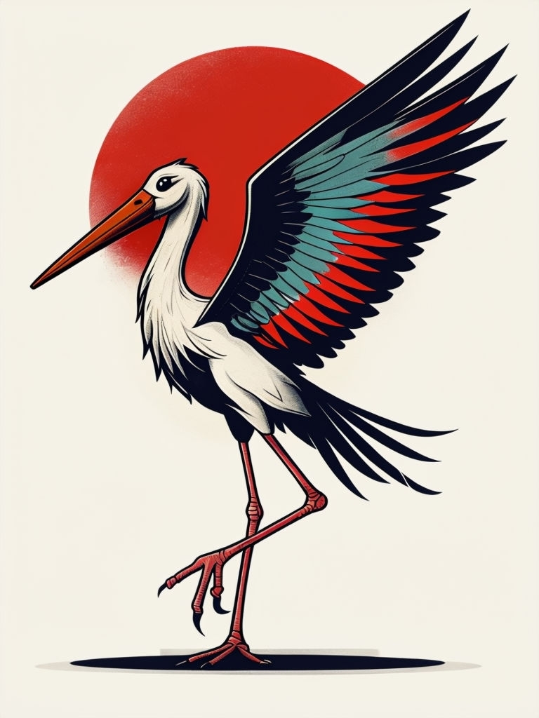 Majestic Cartoon Stork Illustration with Colorful Wings Art