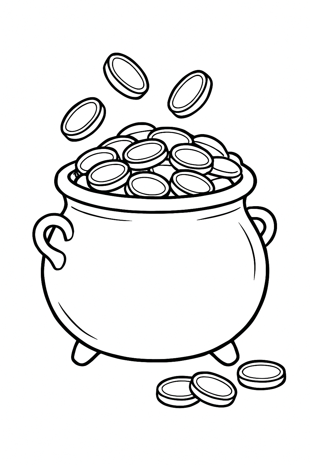Stylized Black-and-White Cauldron with Coins Coloring Page