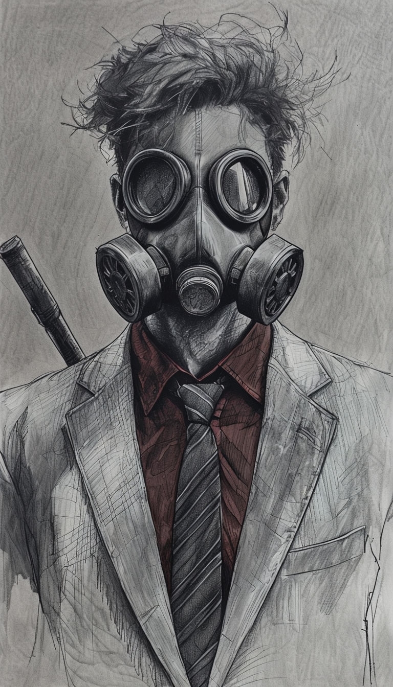 Intricate Gray Sketch of a Mysterious Figure with Gas Mask Mobile Wallpaper