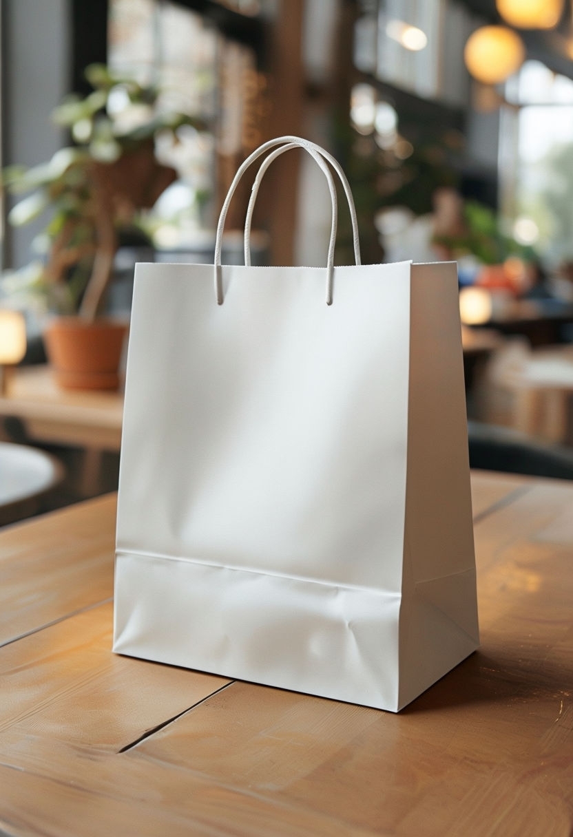 Minimalist White Paper Shopping Bag on Wooden Table Mockup