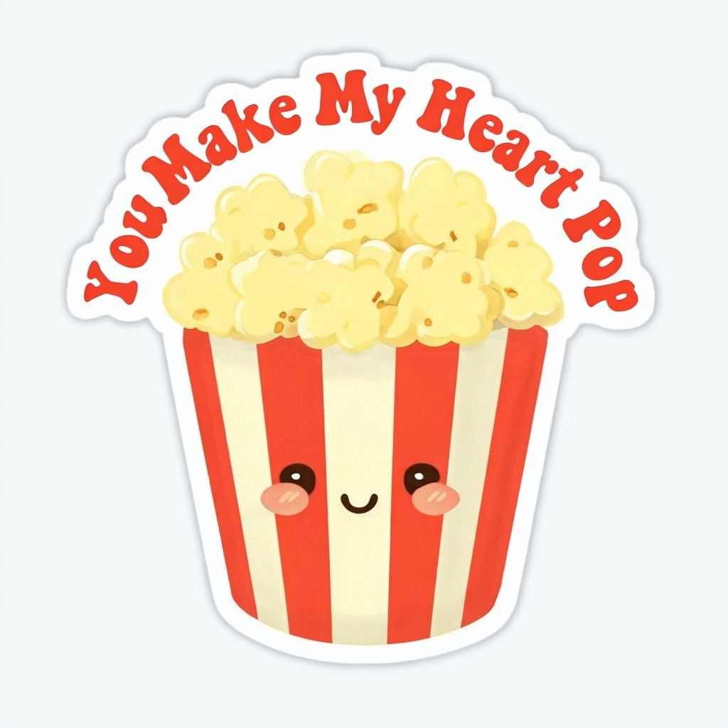 Kawaii Popcorn Bucket with Heartfelt Message Sticker