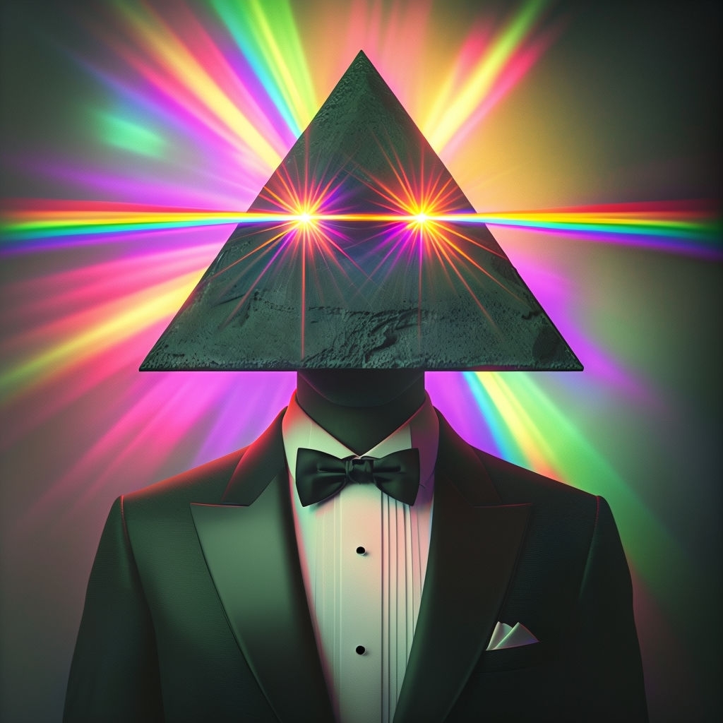 Surreal Figure with Pyramid Head and Colorful Laser Beams Art