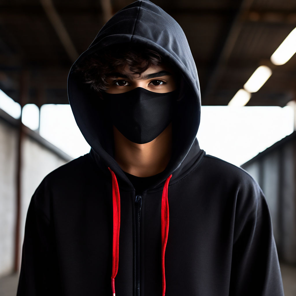 black facemask and a black hoodie. - Playground