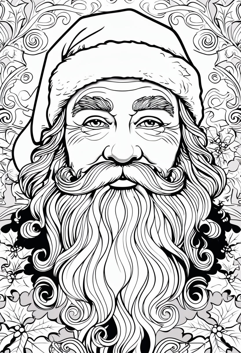 Intricate Black and White Santa Claus Coloring Page Design