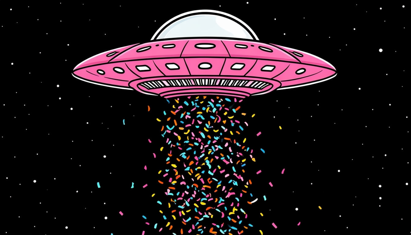 Colorful Pink UFO with Confetti Cartoon Illustration T-shirt