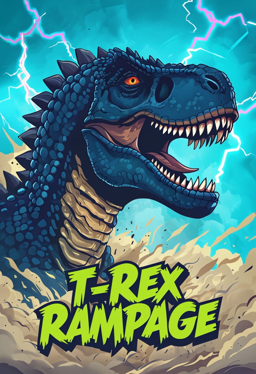 Roaring T-Rex Rampage Cartoon Illustration with Dynamic Background Poster