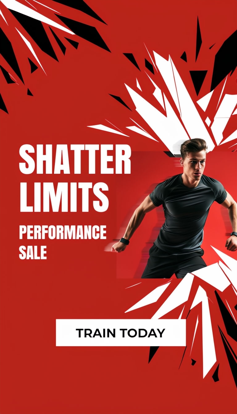 Dynamic Ruby Red Fitness Sale Advertisement with Shattered Glass Effects Ads