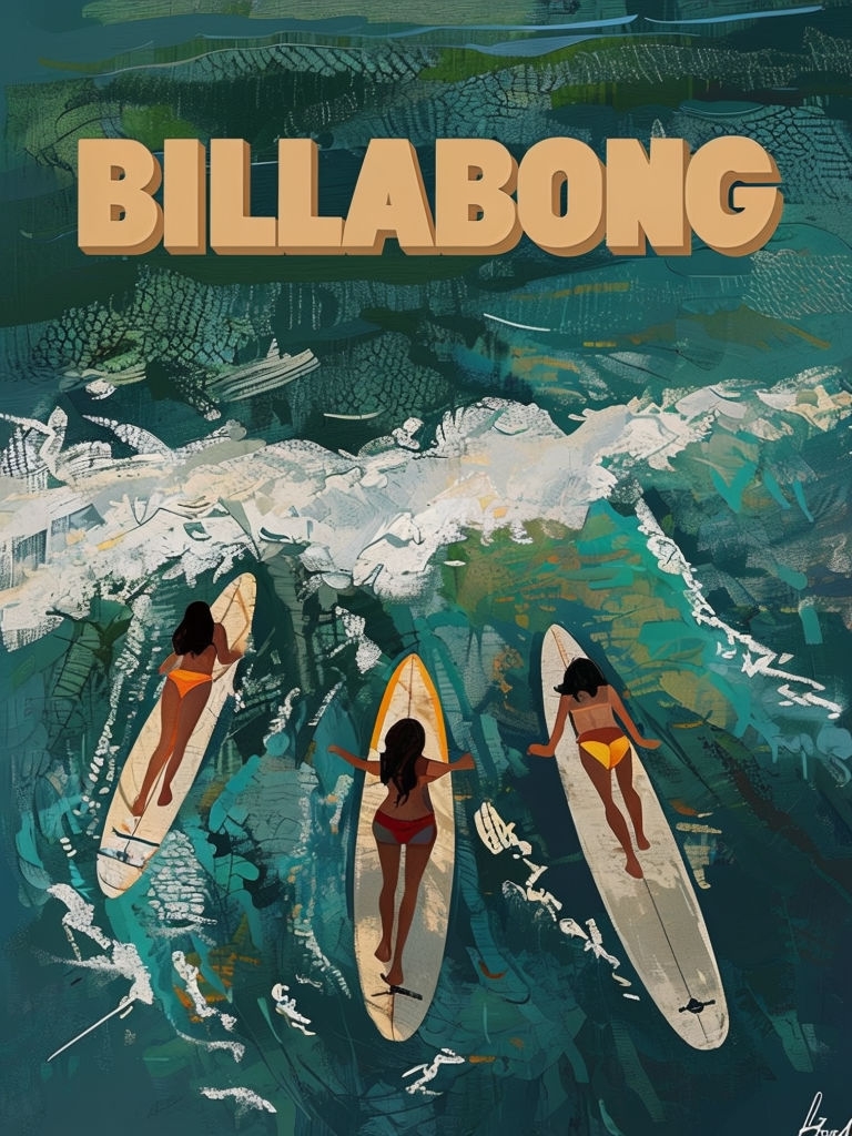 Vibrant Surfing Scene with Billabong Logo Digital Poster