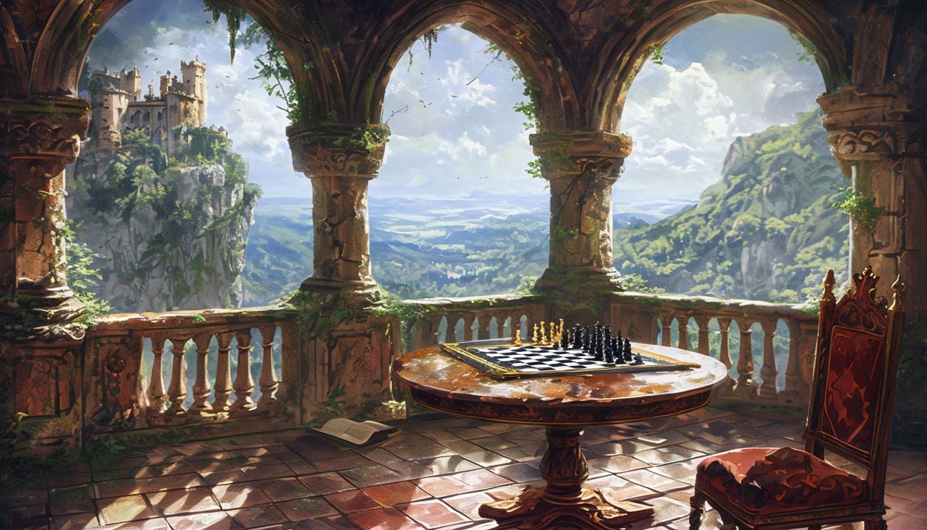 Idyllic Castle Balcony View with Chessboard and Scenic Landscape Art