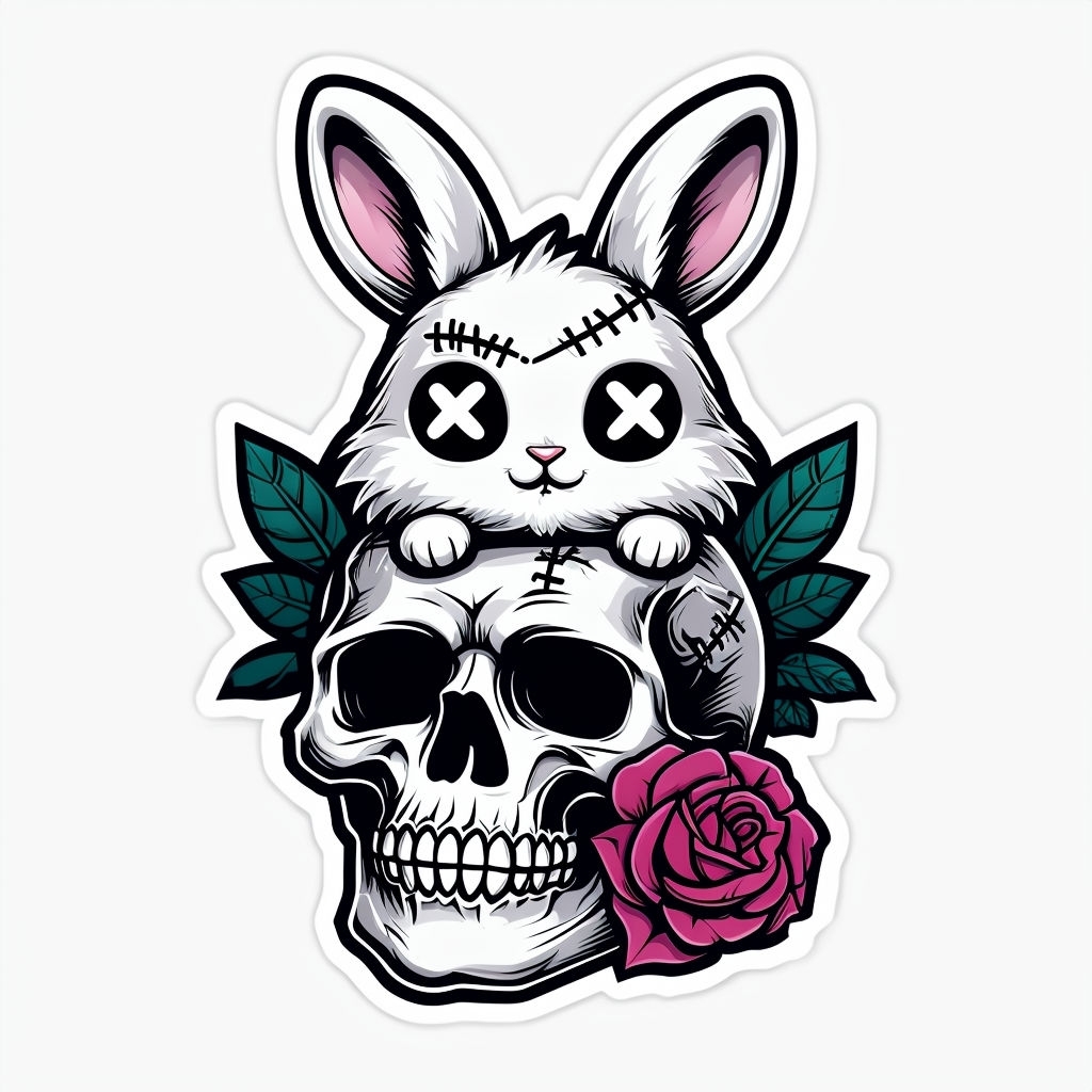 Cute White Bunny on Skull with Rose and Leaves Sticker