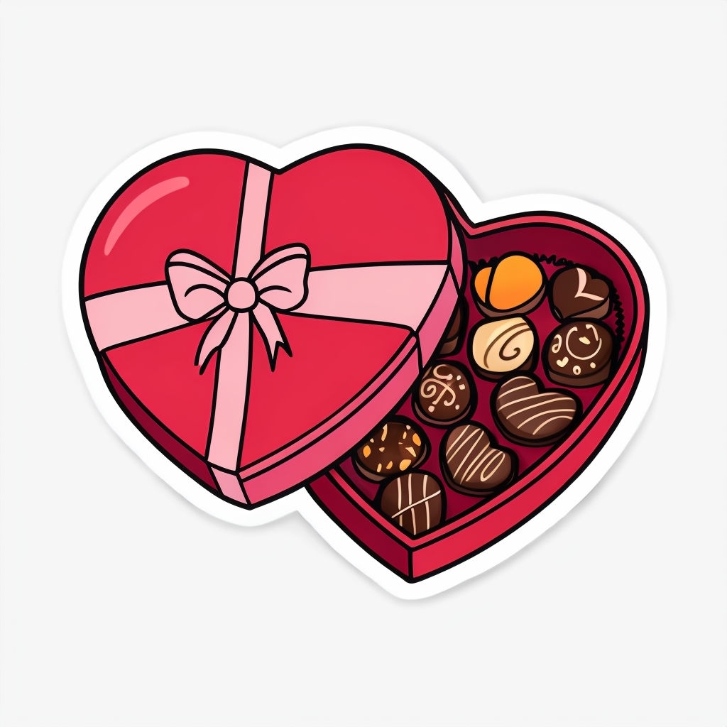 Vibrant Heart-Shaped Chocolate Box Cartoon Sticker