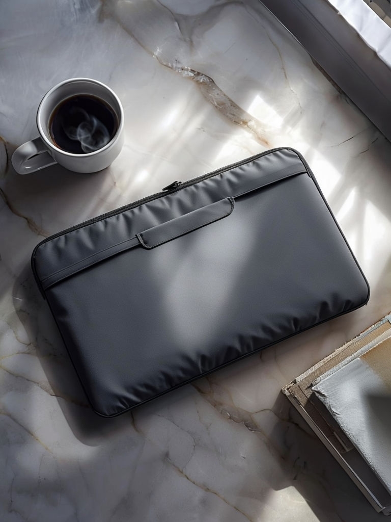 Elegant Charcoal Gray Laptop Sleeve on Marble Surface Mockup