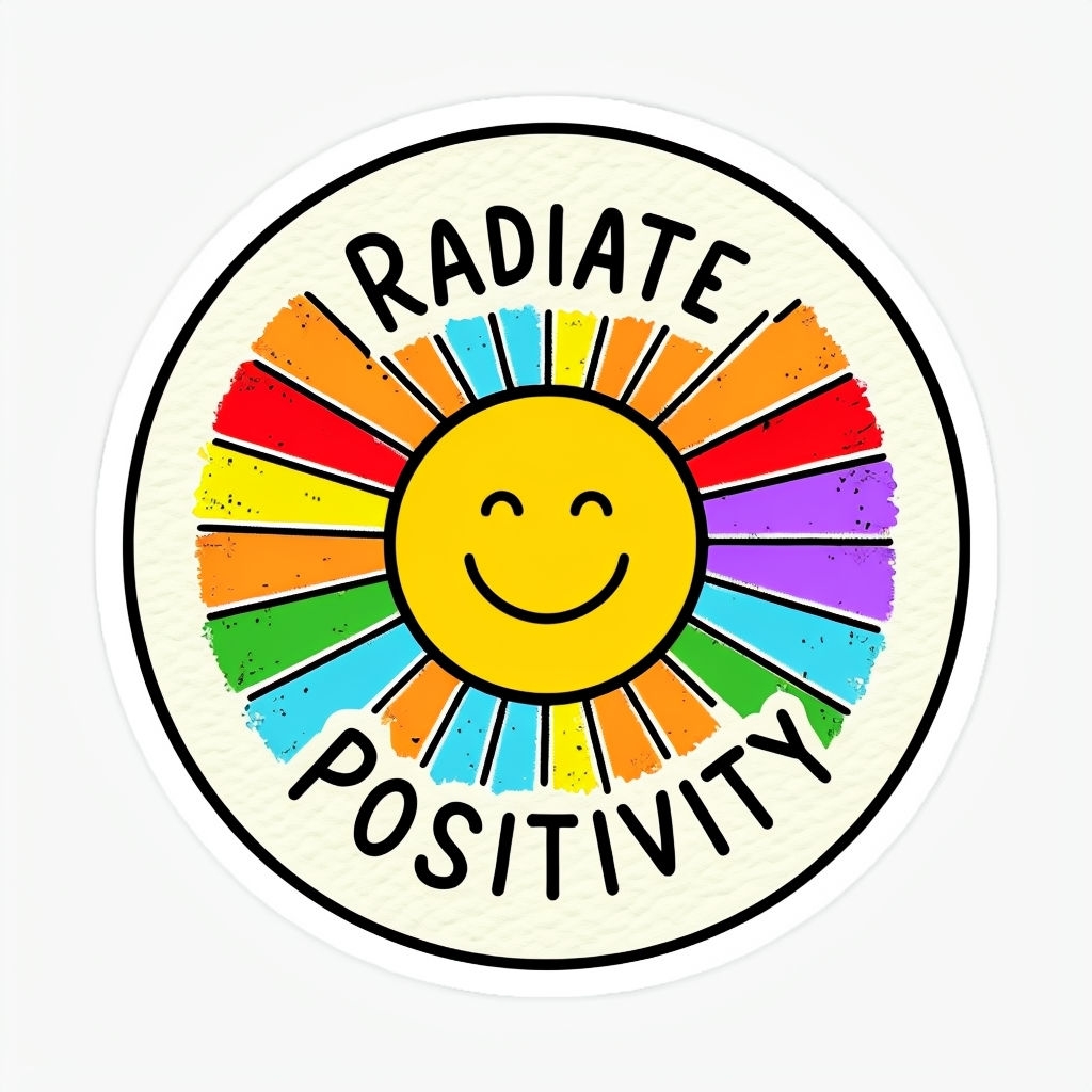 Cheerful Cartoon Sun with Radiate Positivity Text Sticker