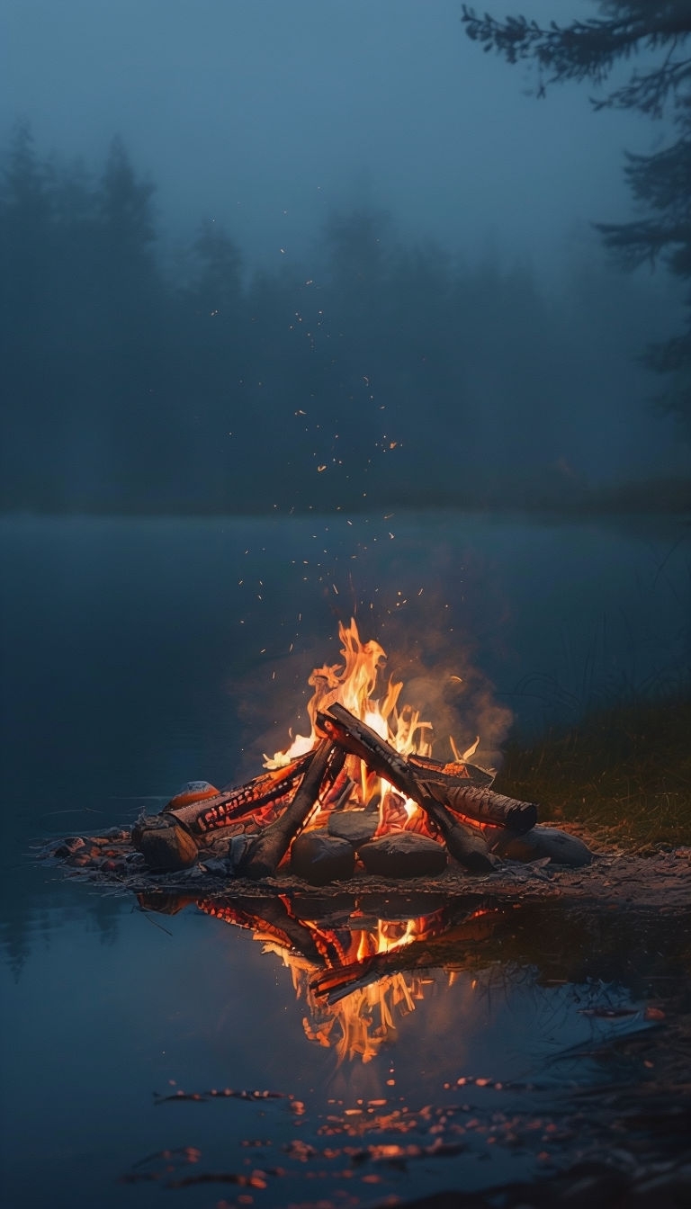 Cozy Campfire by the Lake at Dusk with Foggy Forest Background Mobile Wallpaper