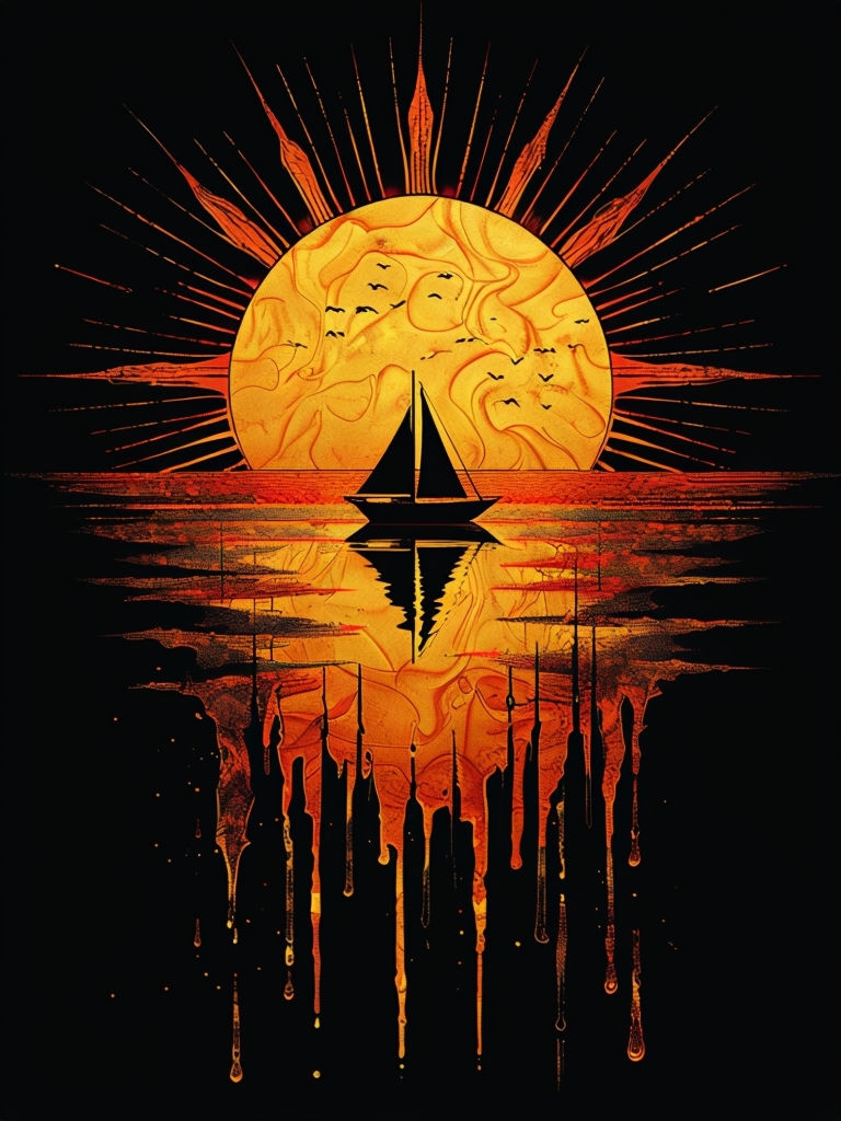 Surreal Sunset with Sailboat and Dripping Paint T-Shirt