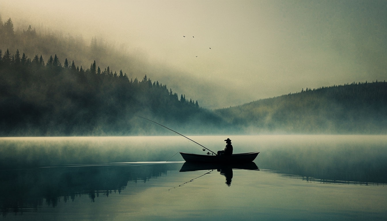 Tranquil Fisherman in Rowboat on Serene Lake Virtual Background