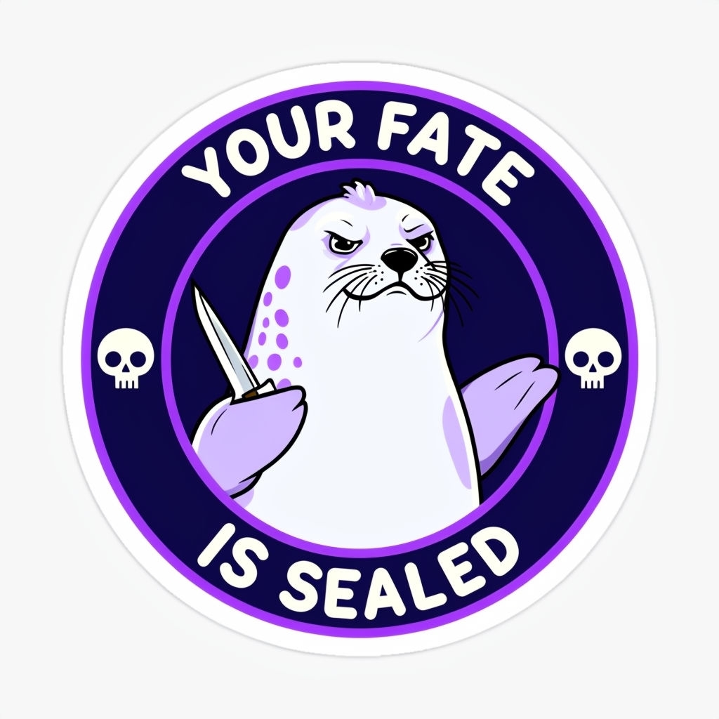 Cartoon White Seal with Knives and Skull Design Sticker