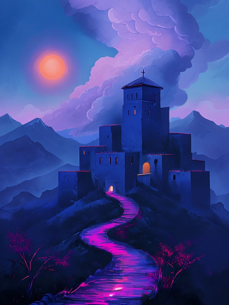 Mystical Twilight Landscape with Glowing Path and Castle Mobile Wallpaper