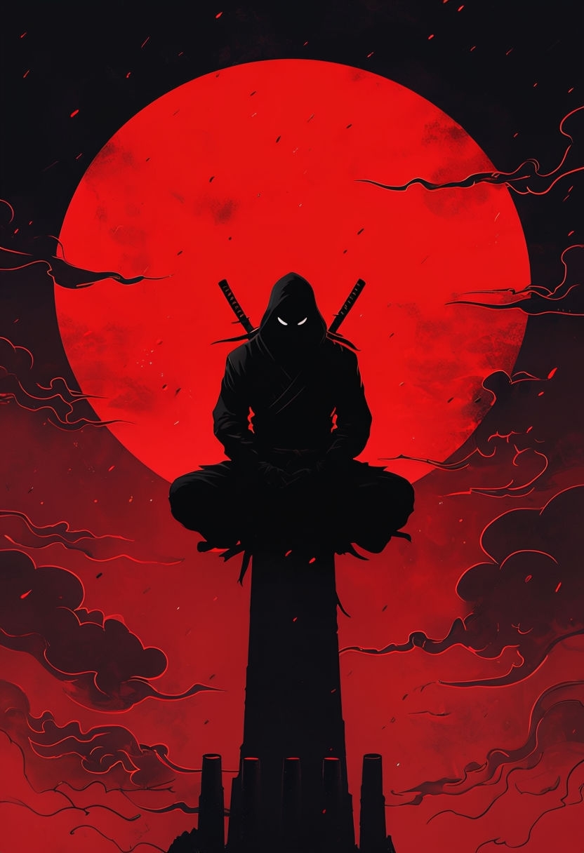 Mysterious Ninja Silhouette on Bold Red Background Mobile Wallpaper