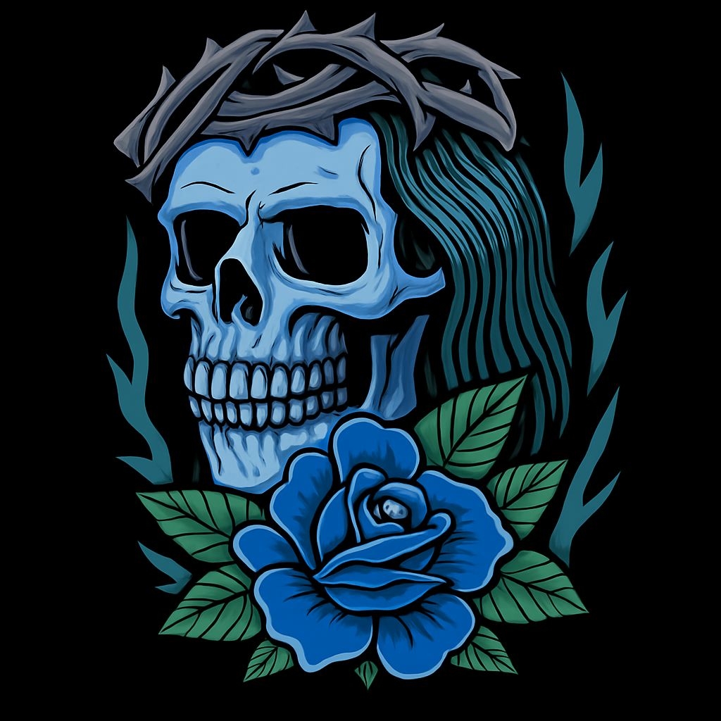 Dark Mystic Skull with Blue Hair and Rose Hat Design