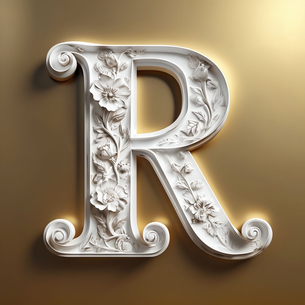 Elegant 3D Floral Letter R Design on Luxurious Gold Background Monogram