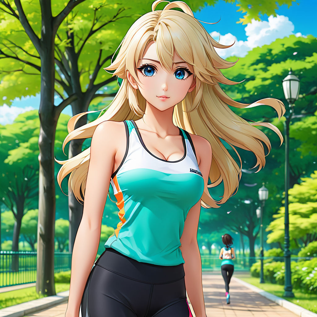 Blond anime woman with large waist and larger chest In yoga pants anime