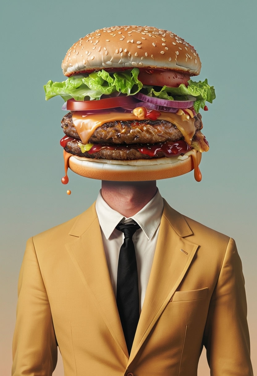 Surreal Man with Hamburger Head in Vintage Suit Jacket Art