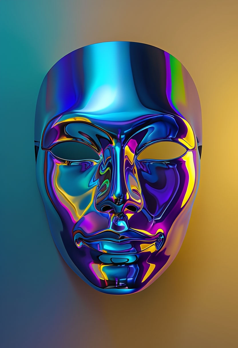 Vivid Reflective Metallic Mask Digital Art with Gradient Background Art