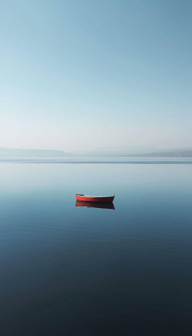 Tranquil Serene Water Reflection with Red Boat Mobile Wallpaper