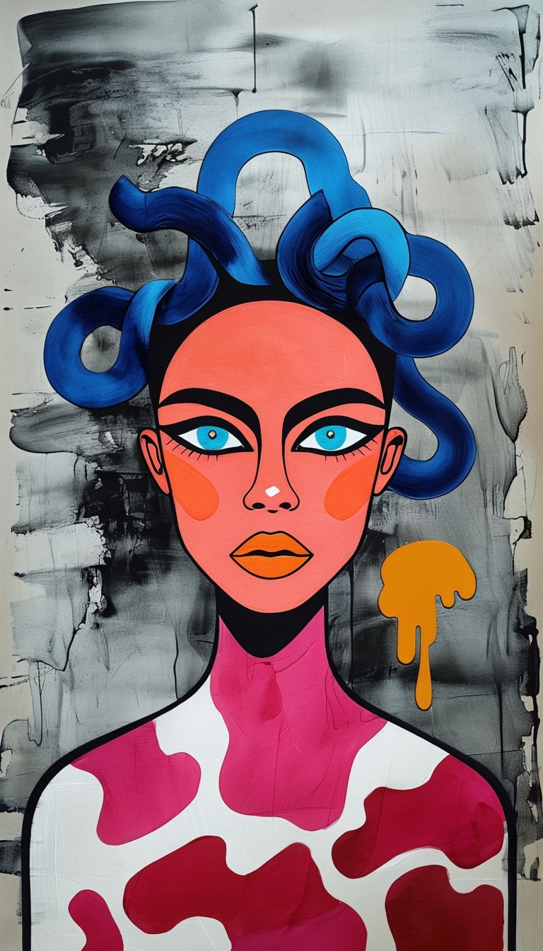 Vibrant Mixed Media Portrait with Stylized Features Art