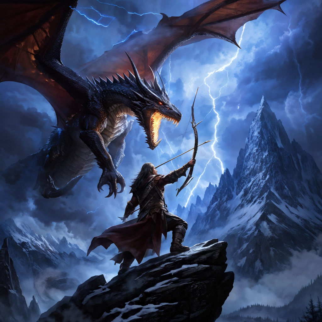 a elfhero with a bow attack the skeleton dragon with spread wings 