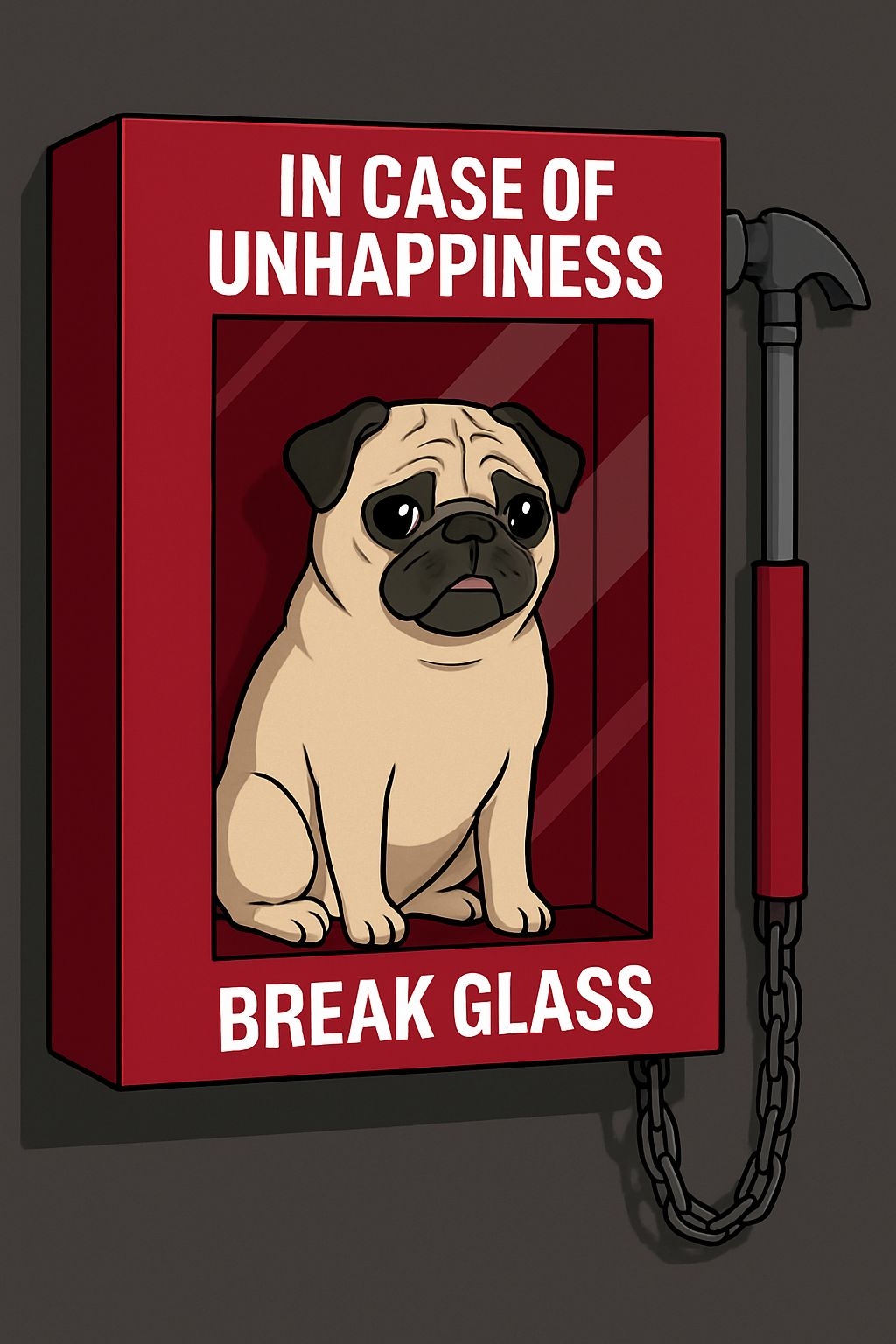 Humorous Emergency Glass Box with Sad Pug Cartoon Poster