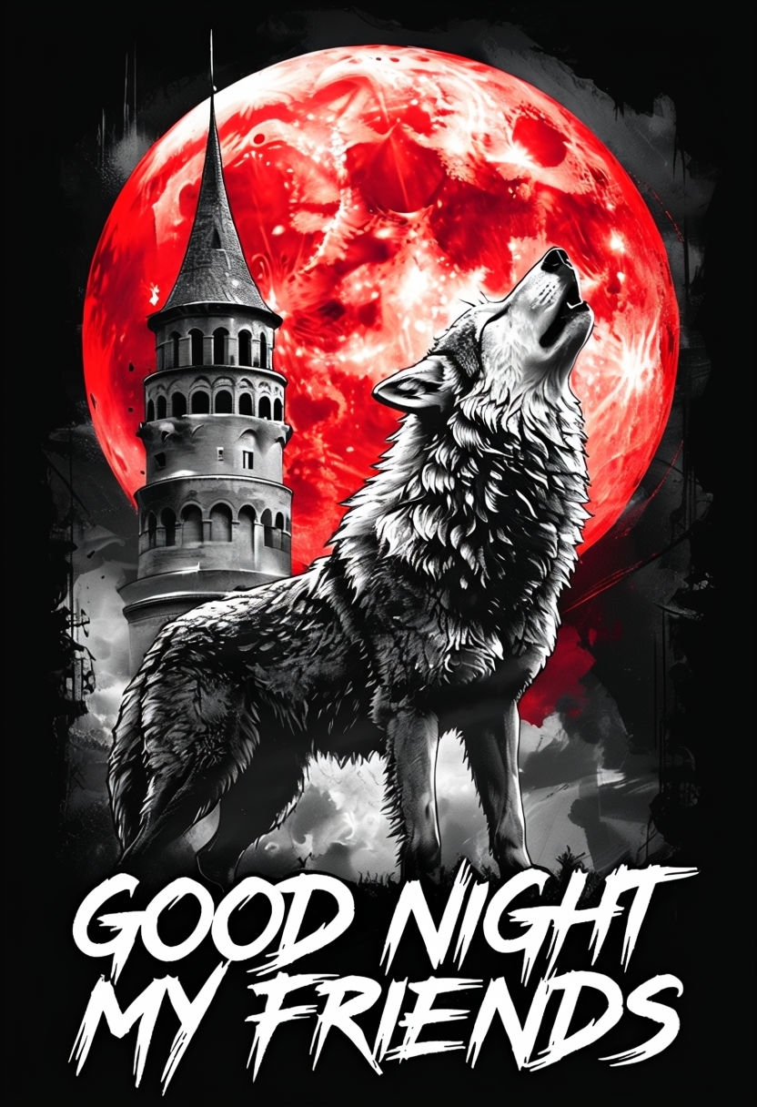 Gothic Wolf Howling Under Red Moon Art Poster