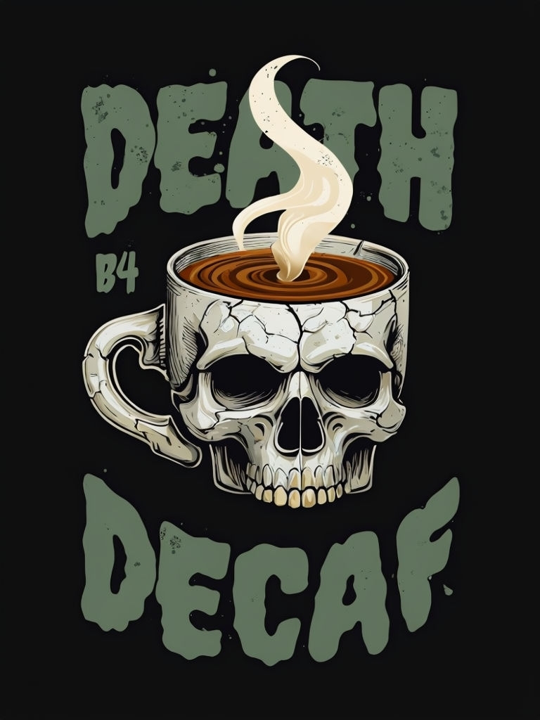 Skull Coffee Cup with Death and Decaf Typography T-Shirt