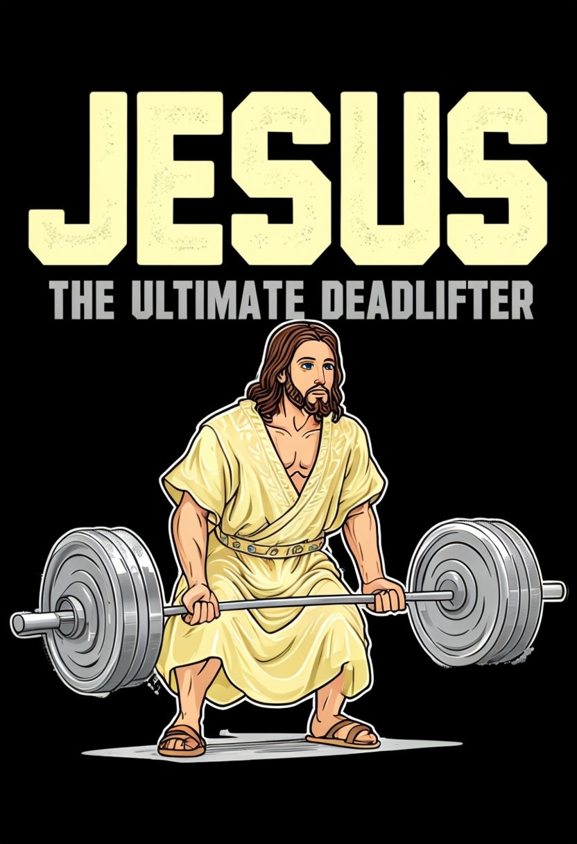 Humorous Jesus Deadlifting Cartoon Illustration T-Shirt